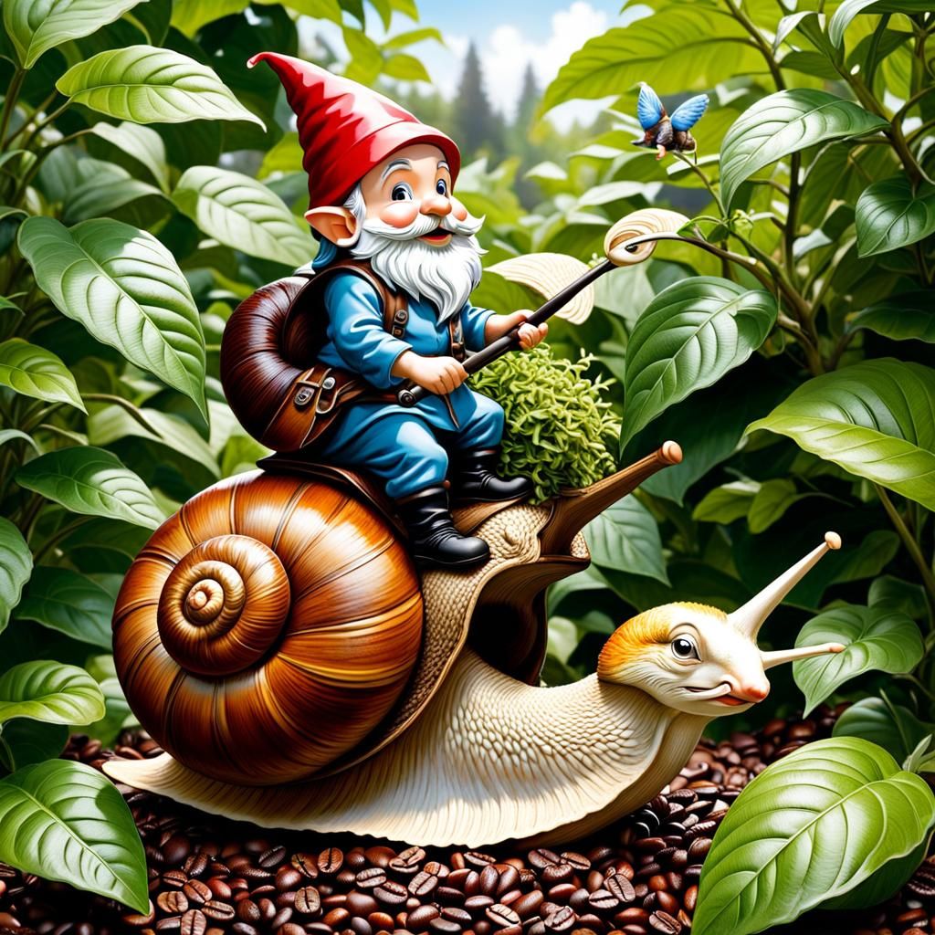 Gnome Rides Snail Through Coffee Bean Garden