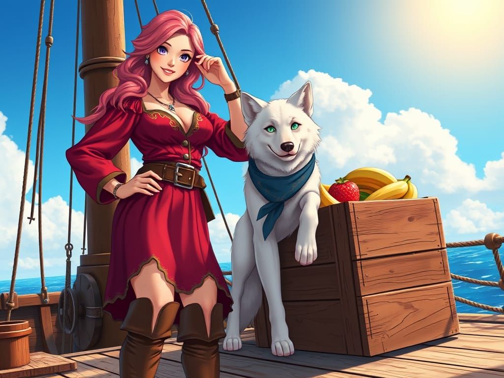 Pirate Woman with Gentle Wolf and Fruit Crate