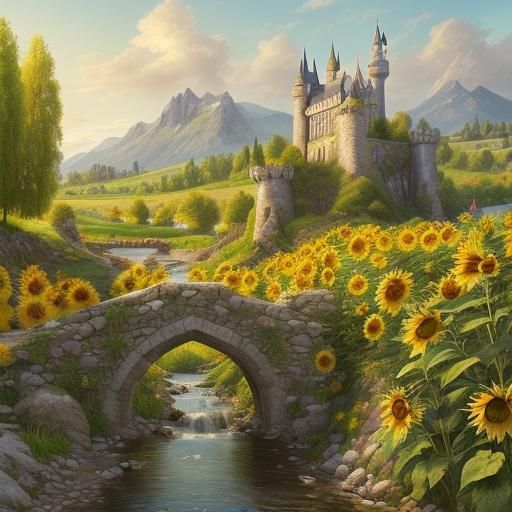 Dreamlike Sunflower Field with Fantasy Castle