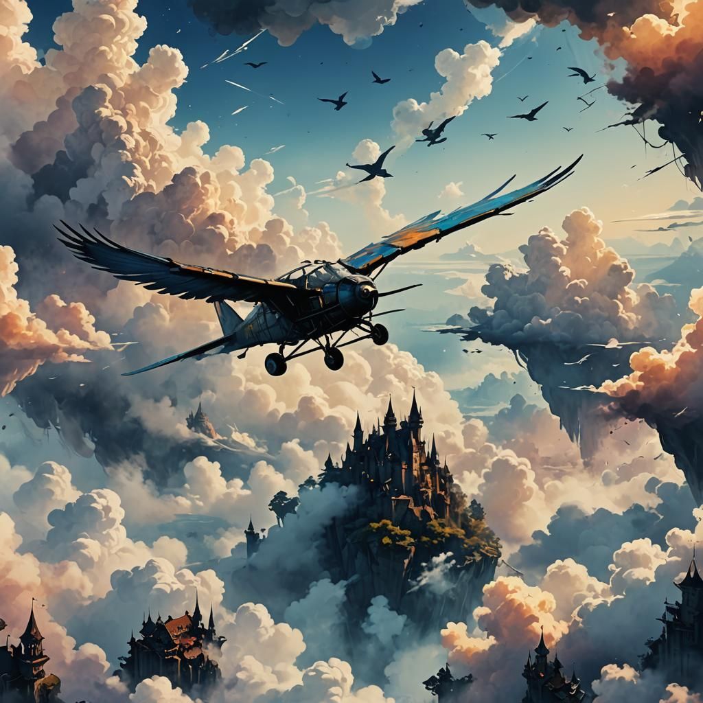 Silhouette Flyer Above Clouds in Watercolor Style