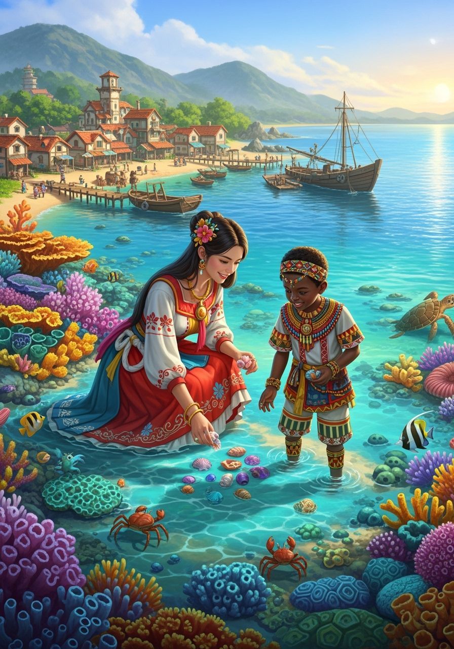 Fantasy Mother and Son Collect Seashells by Tide Pool