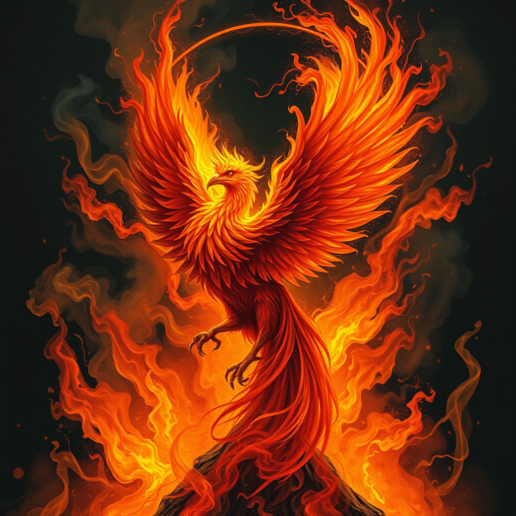 Phoenix Rising from Ashes in Fiery Expressionism