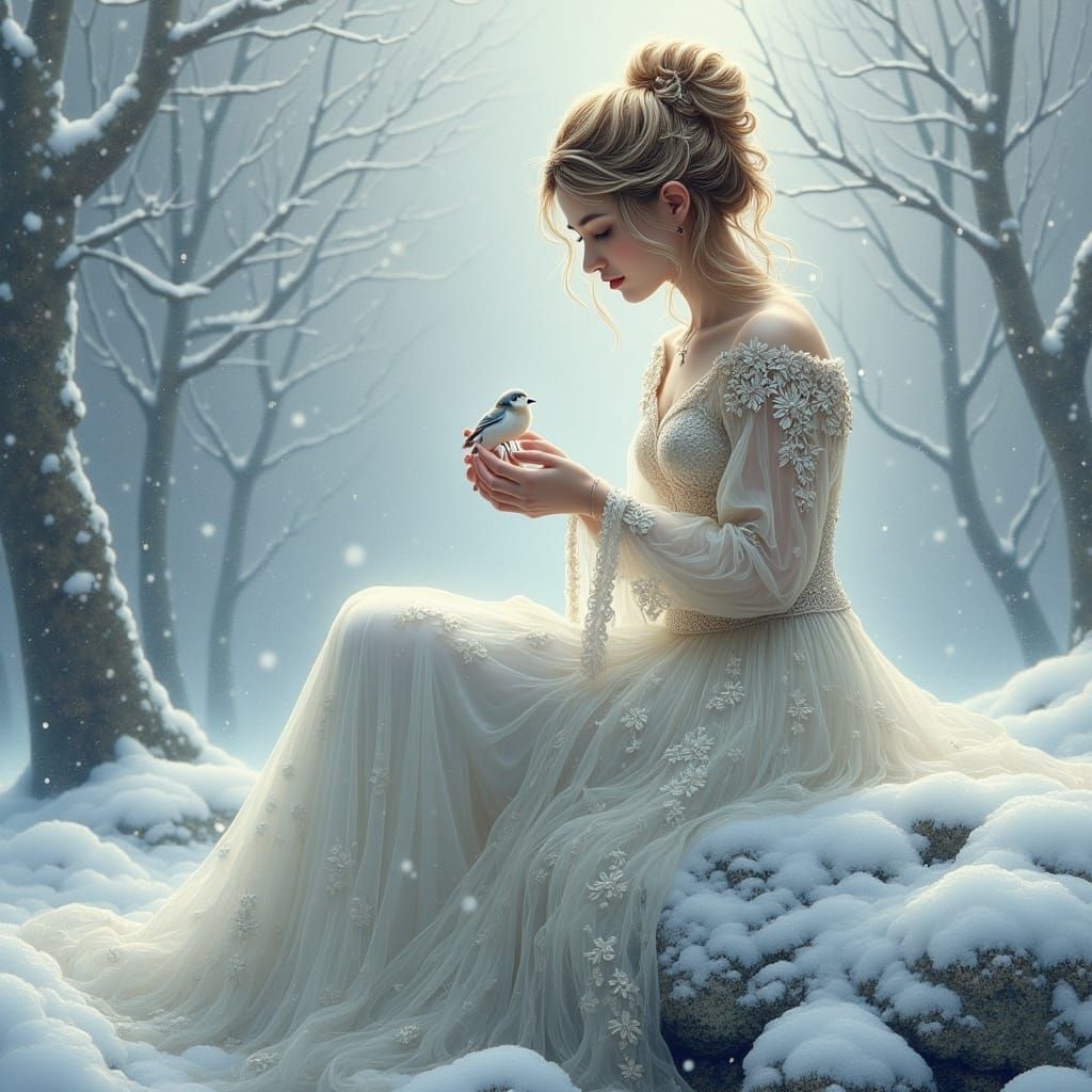 Winter Woman in Snow Landscape, Fantasy Art