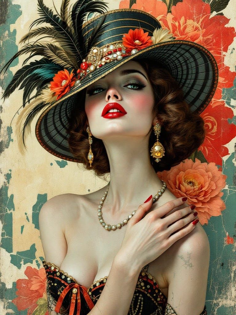 Elegant Fashion Woman in Deco-Inspired Hat Against Distresse...