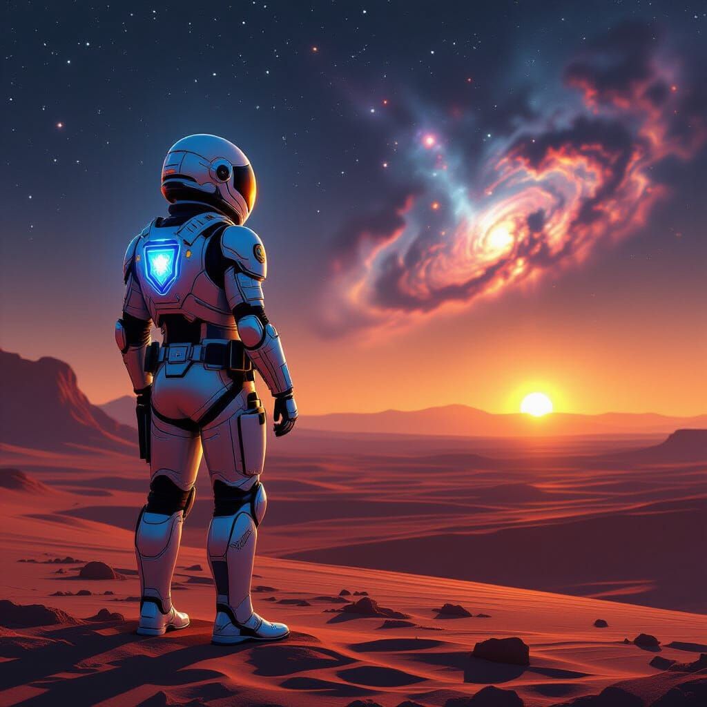 Futuristic Police Officer on Mars Under Binary Sunset