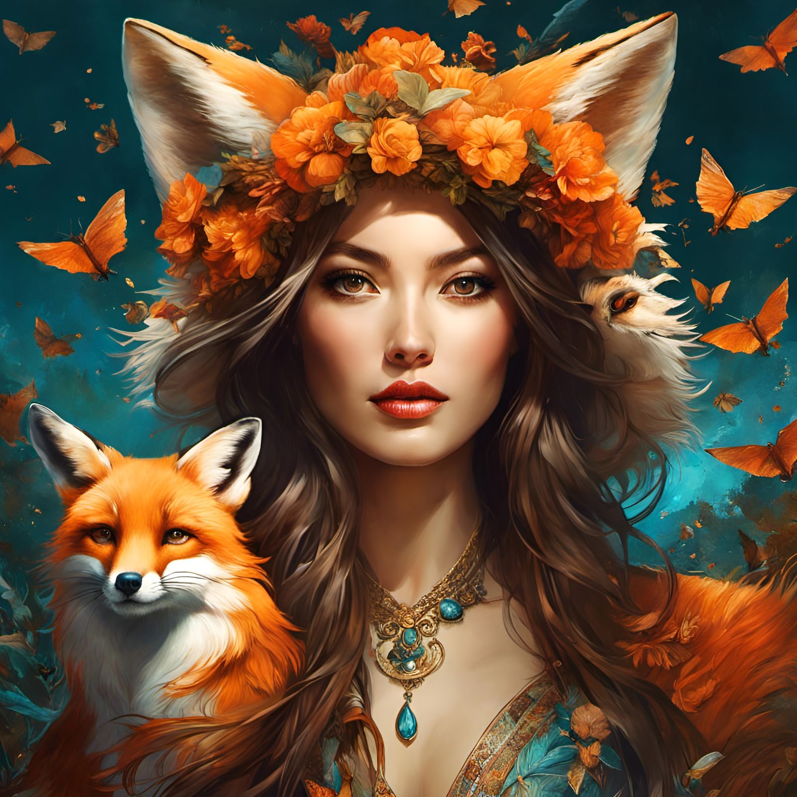 Gorgeous Woman Surrounded by Foxes Portrait