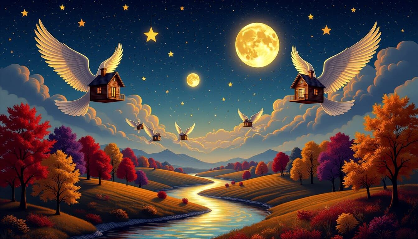 Surreal Autumn Sky With Winged Cabins And Angelic Trees