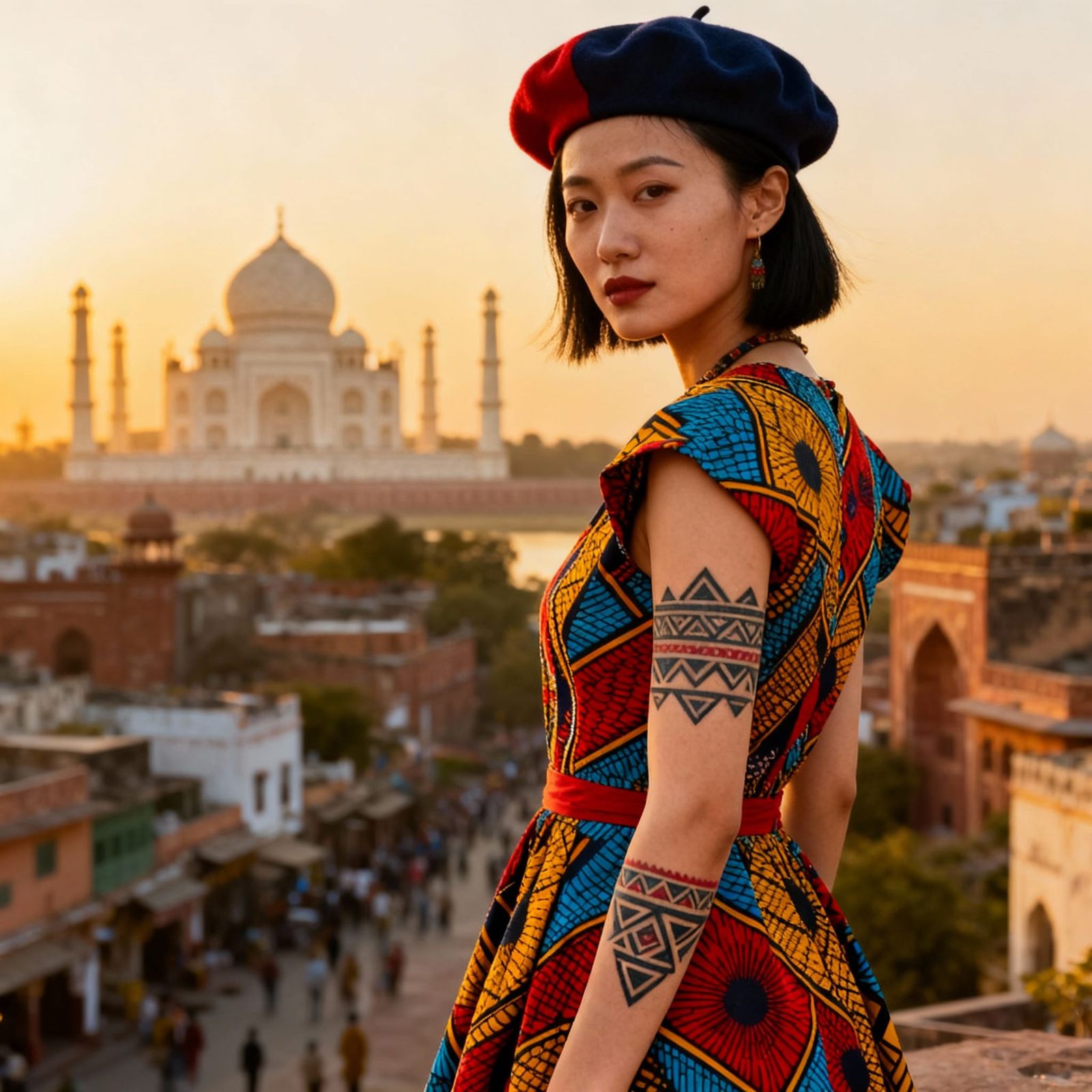 Woman in African Dress and French Beret in Indian City