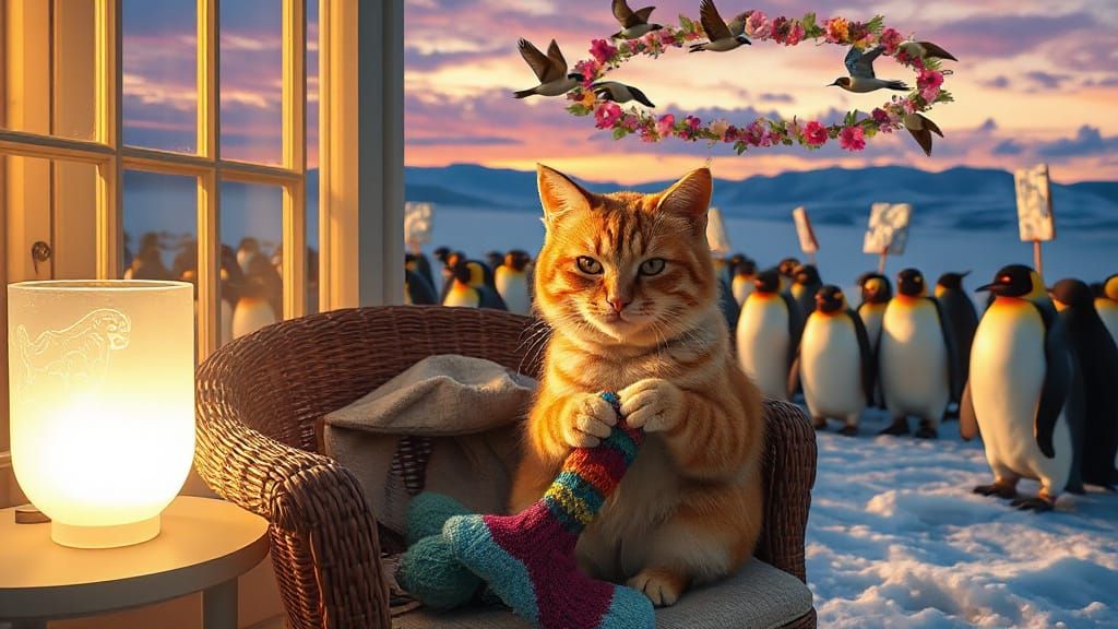 Whimsical Cat Knits Socks Amidst Penguin Art Colony
