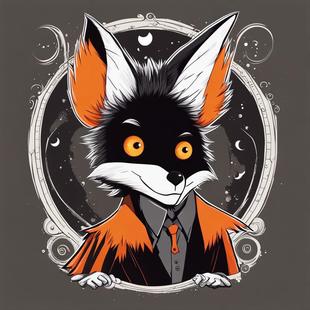 Orange Fox-Man with Raven in Burtonesque Cartoon Style