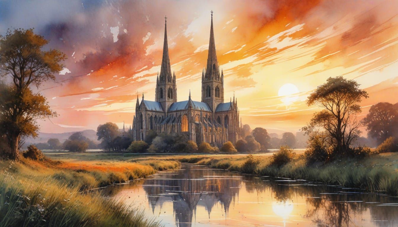 Gothic Cathedral Sunset: Watercolour Painting