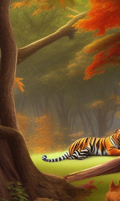 Tiger Family in Autumn Forest, Matte Painting