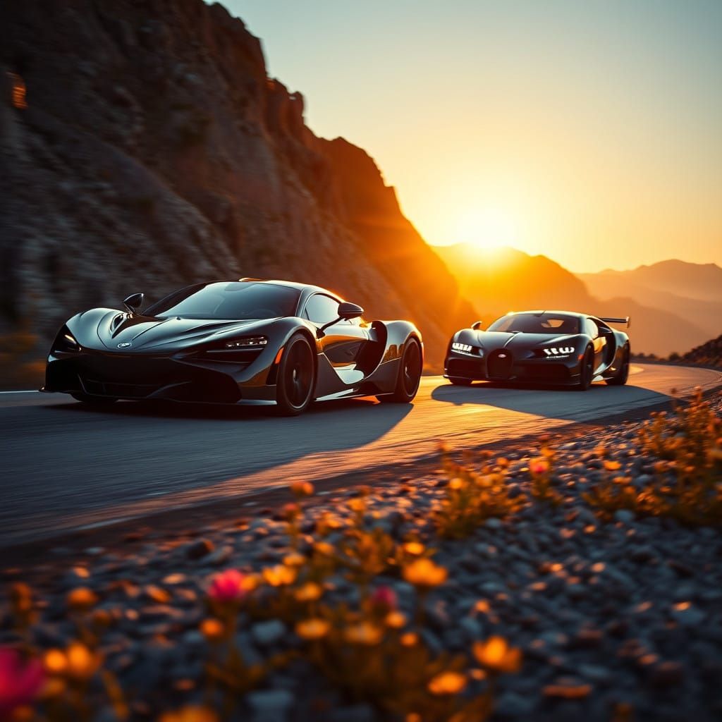 Sleek Sports Cars Speed Down Winding Mountain Road in Cinema...