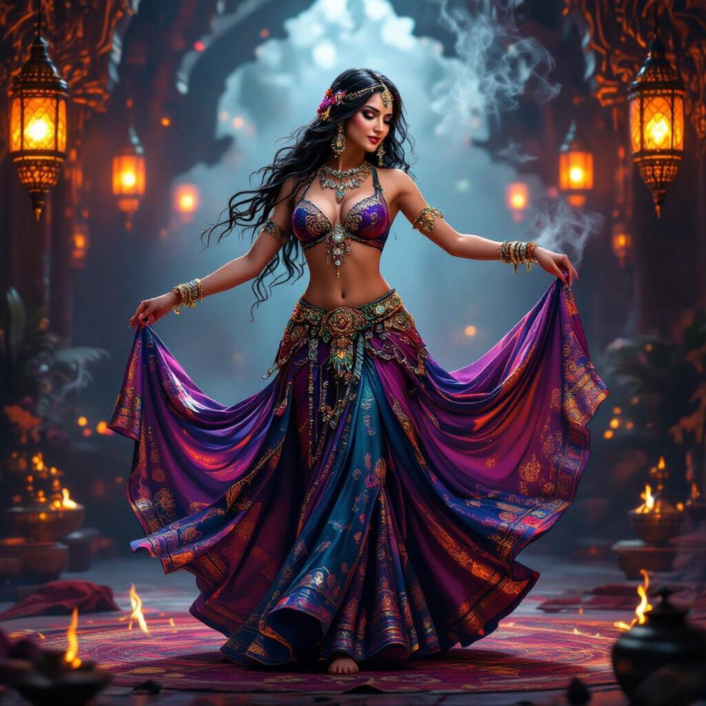 Ornate Belly Dancer in Jewel Tones with Dramatic Lighting
