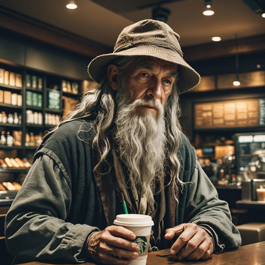 Gandalf at Starbucks: A Cinematic Film Still