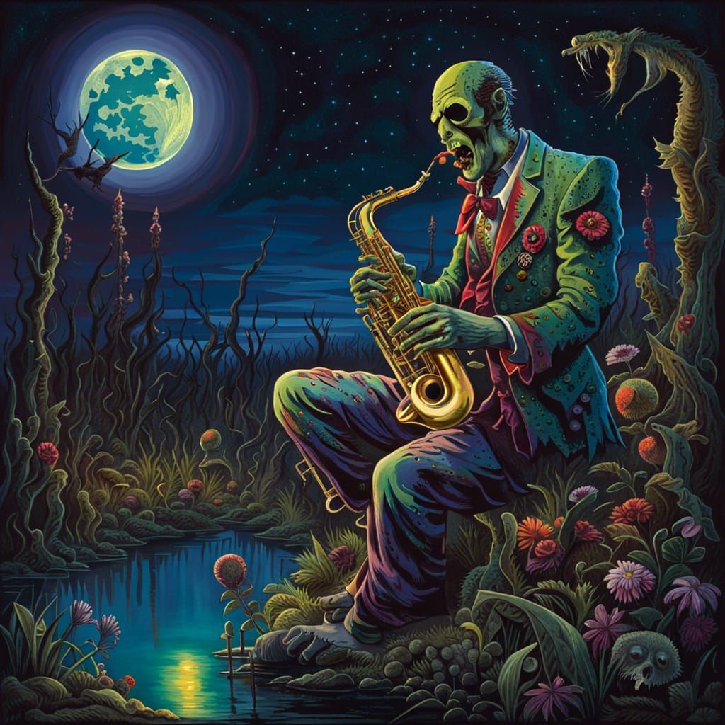 Zombie Saxophonist Under the Moon