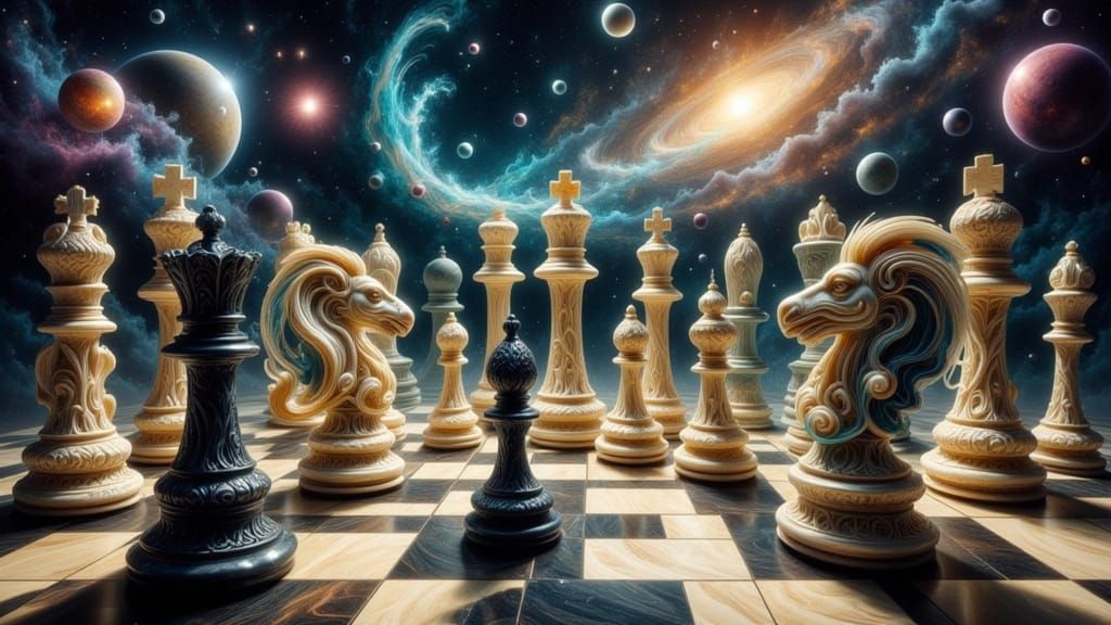 Surreal Oil Painting of Cosmic Chess Game