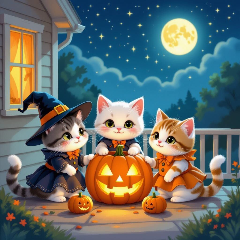 Cats in Halloween Costumes Gathered on a Porch