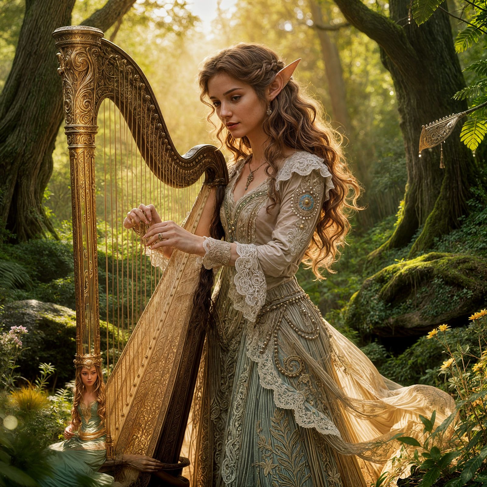 Elf Woman Plays Harp in Lush Forest, Hyperrealistic