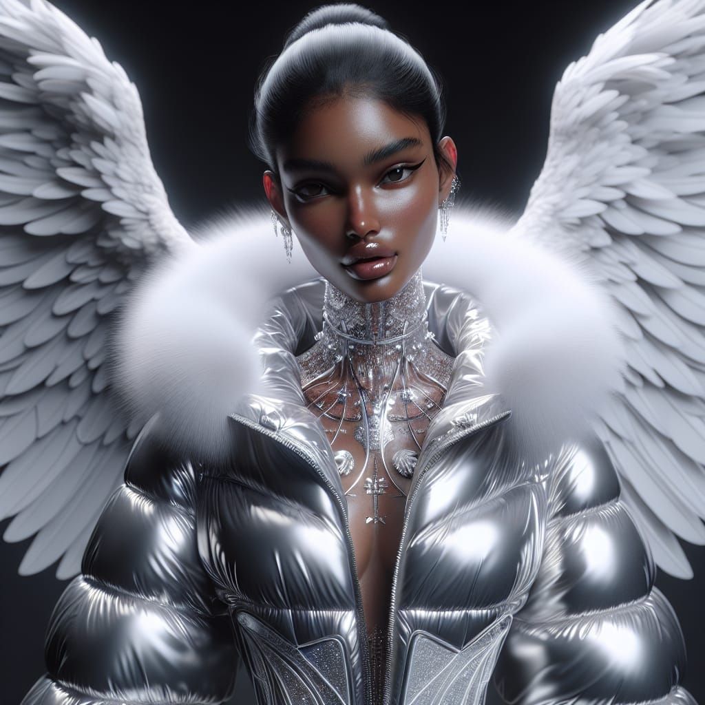 Female Angel in White Puffy Jacket, Hyperrealistic Portrait