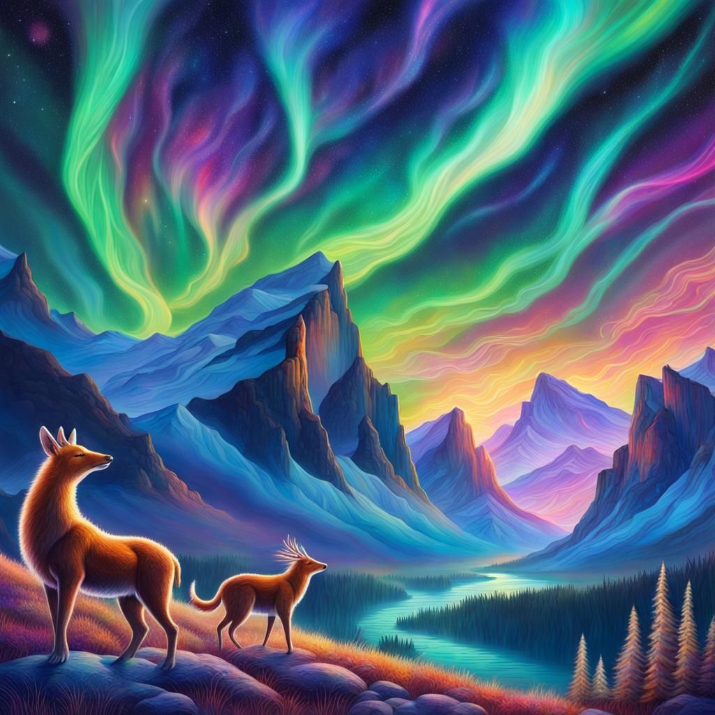Animals Dancing Under Northern Lights, Cosmic Illustration