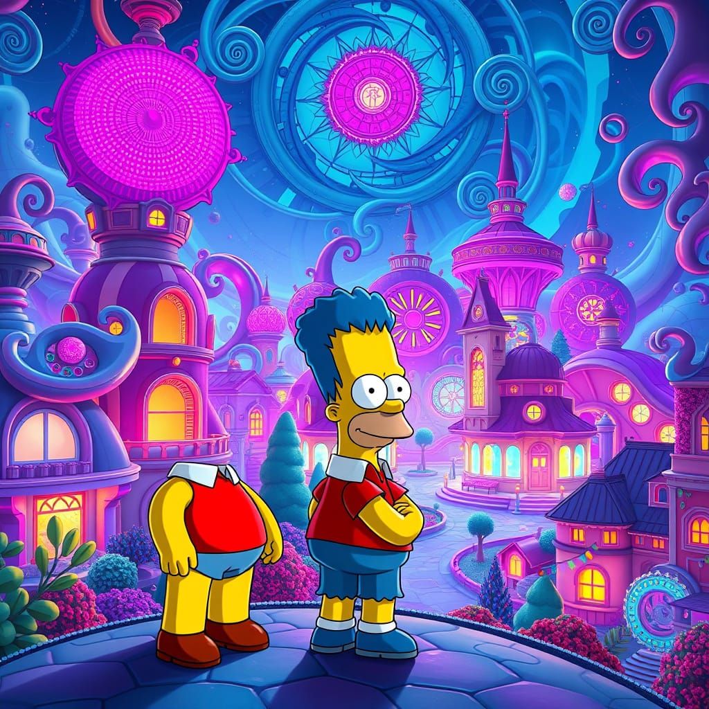 Springfield Dreamscape: Homer and Bart in a Vibrant, Cyberpu...
