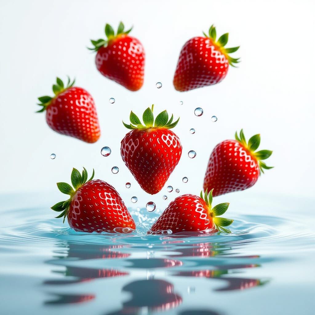 Ripe Strawberries Falling into Water, High-Speed Photography