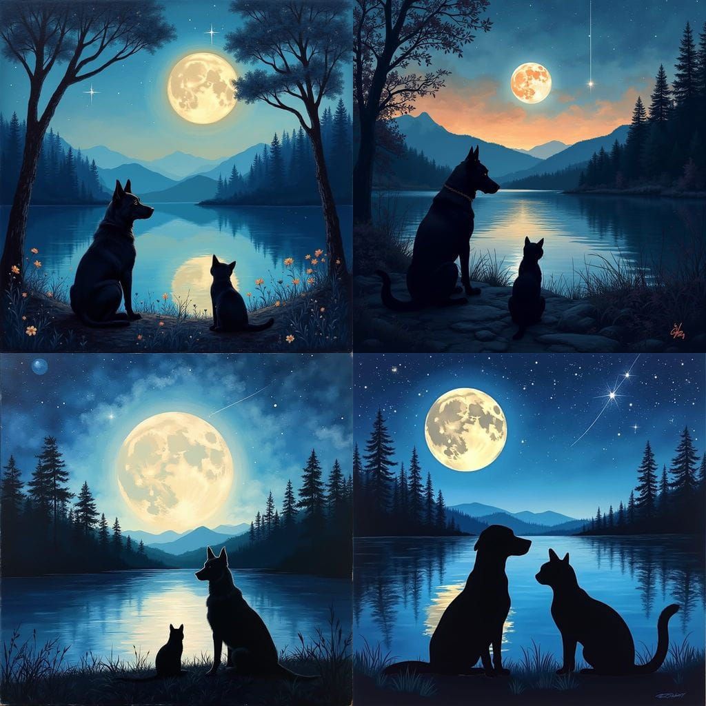 Stunning Nighttime Lake Scene with Majestic Feline and Canin...