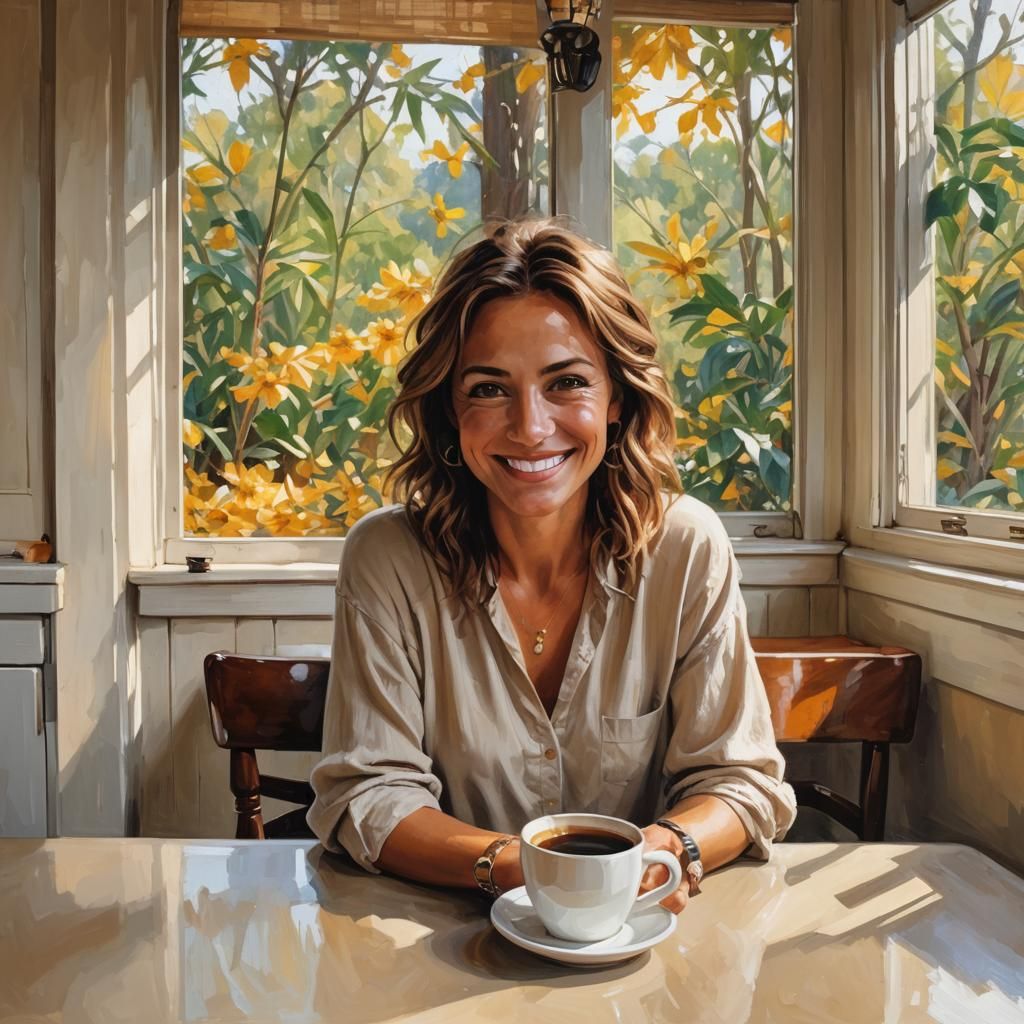 Hazel Eyed Girl Smiles Over Morning Coffee