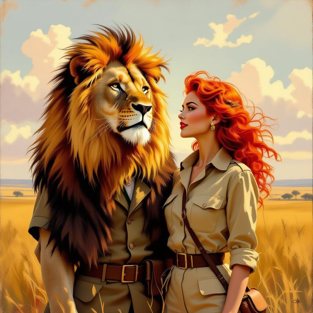 Lion and Owner in Golden Light, Vintage Style