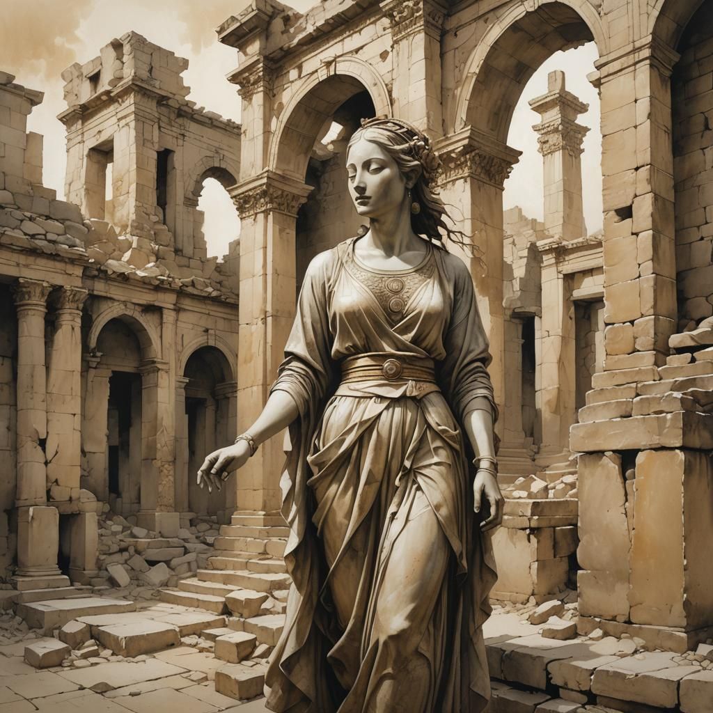 Girl in Ancient Ruins Graphite Sketch