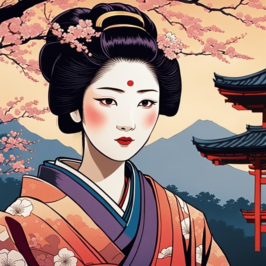 Geisha in Japanese Garden: Ukiyo-e Style Woodblock Print