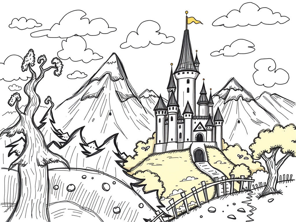 Whimsical Doodle Landscape with Fantasy Castle