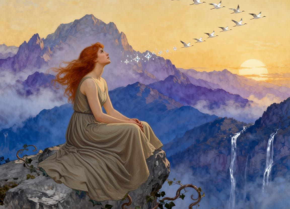 Woman Gazes at Breathtaking Landscape with Migrating Cranes