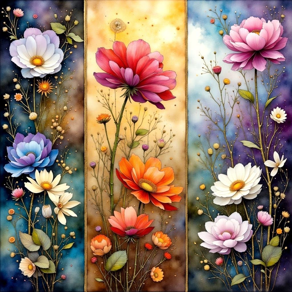 Surreal Floral Triptych in Dreamlike Ethereal Landscape