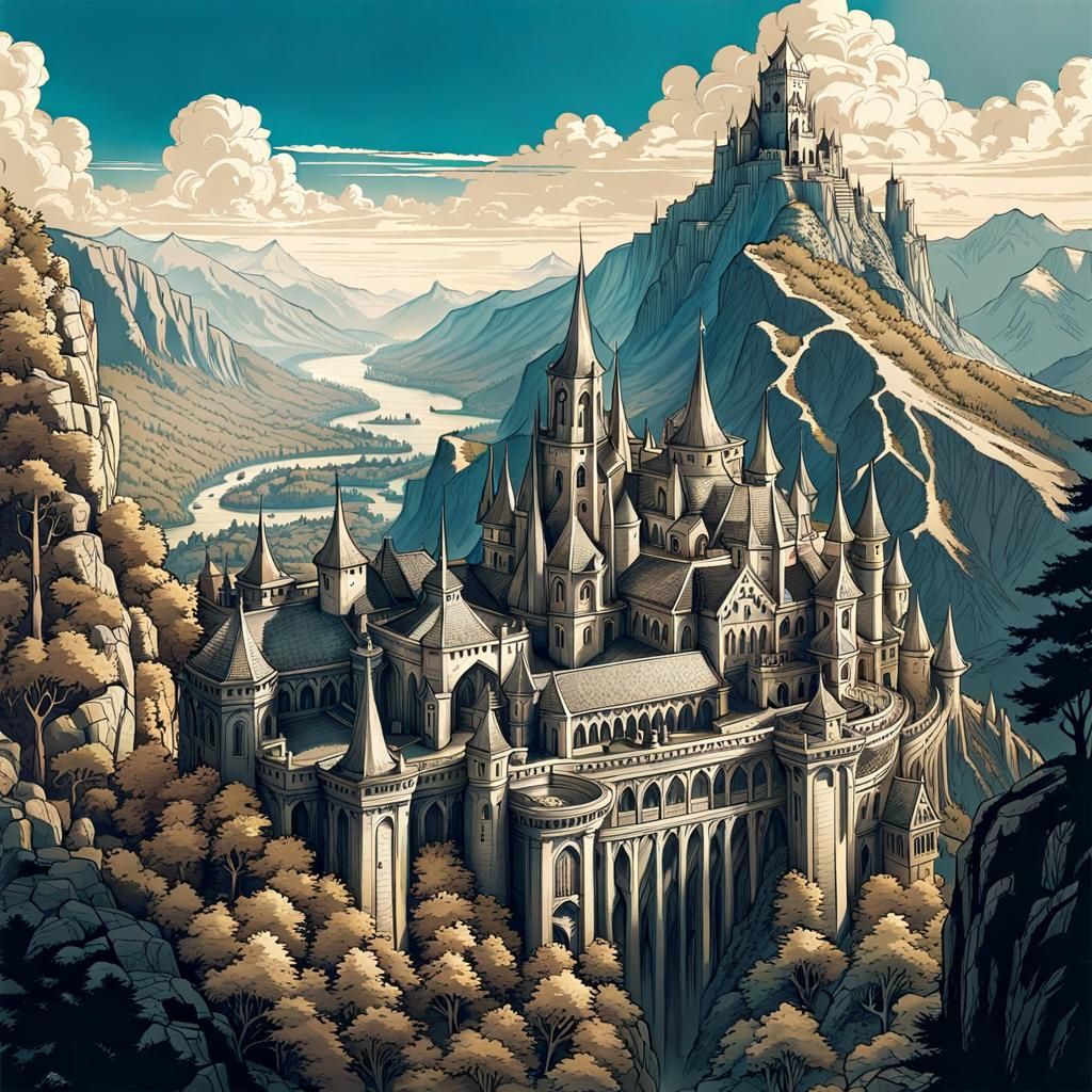 Majestic Rivendell from a Mountaintop in D&D Style