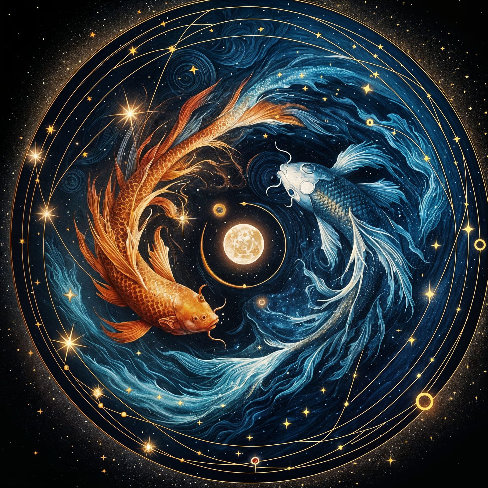 Cosmic Koi Fish Dance in Starry Night Sky
