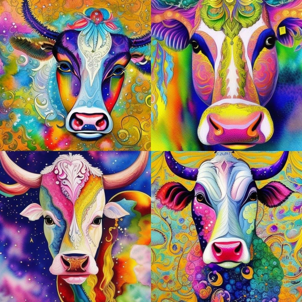 Celestial Cow in Gouache Impressionist Style