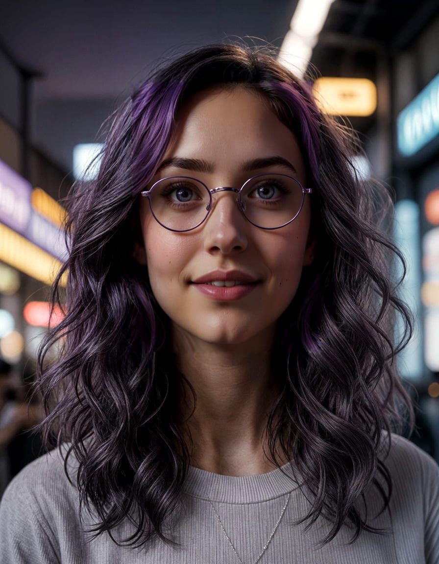 Stunning Portrait of a Girl with Purple Hair in Neon City