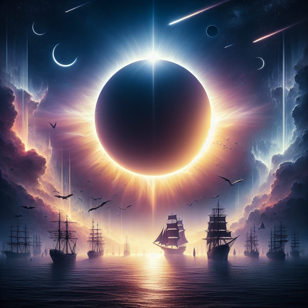Spectacular Solar Eclipse Over Ocean with Fantasy Elements