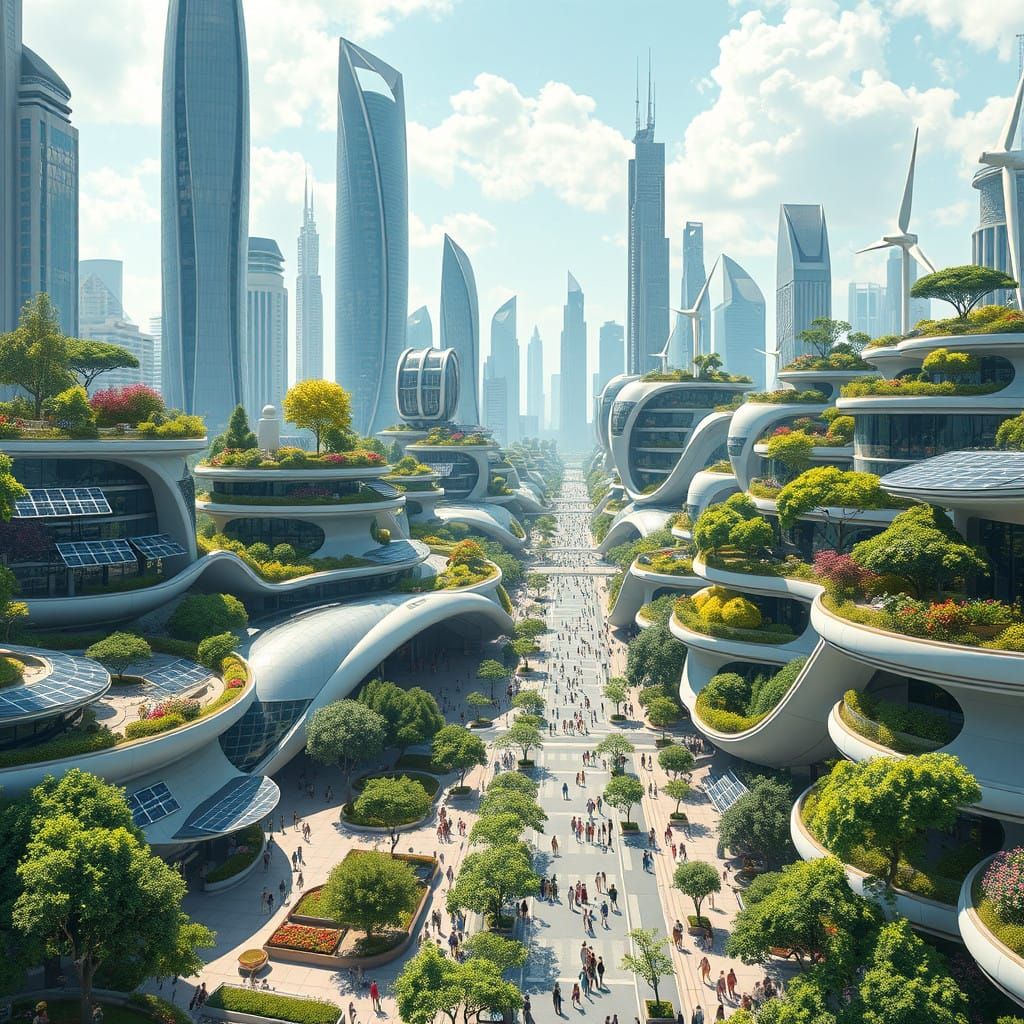 Sustainable Futuristic Metropolis with Solar-Powered Rooftop...