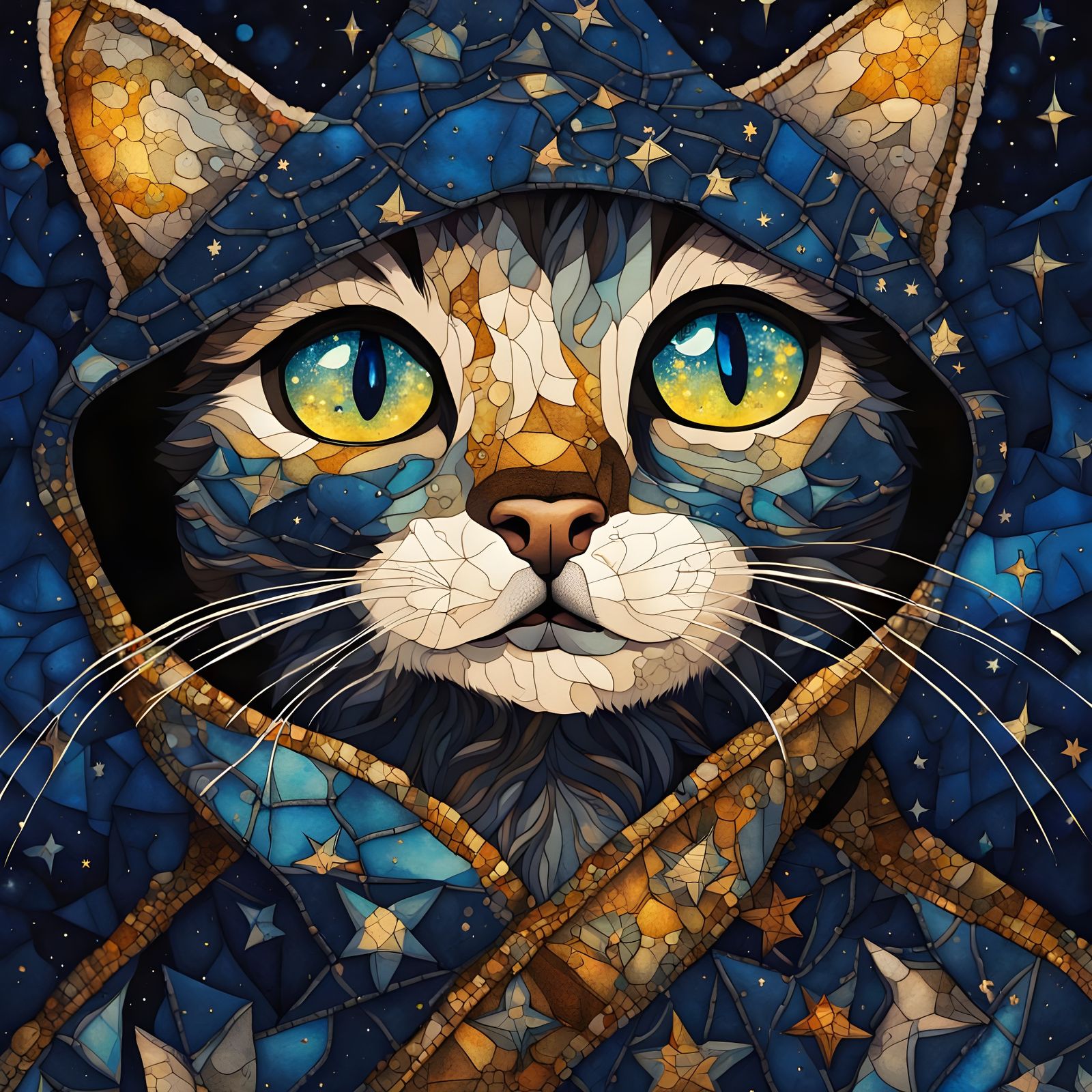 an adorable siamese cat dressed in a patched coat, dark starry night, gorgeous detailed ink blue eyes, stained glass, fa...
