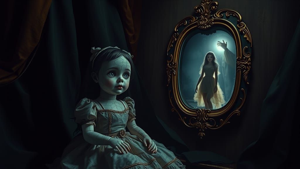 Eerie Antique Doll in Dark Chamber, Digital Art