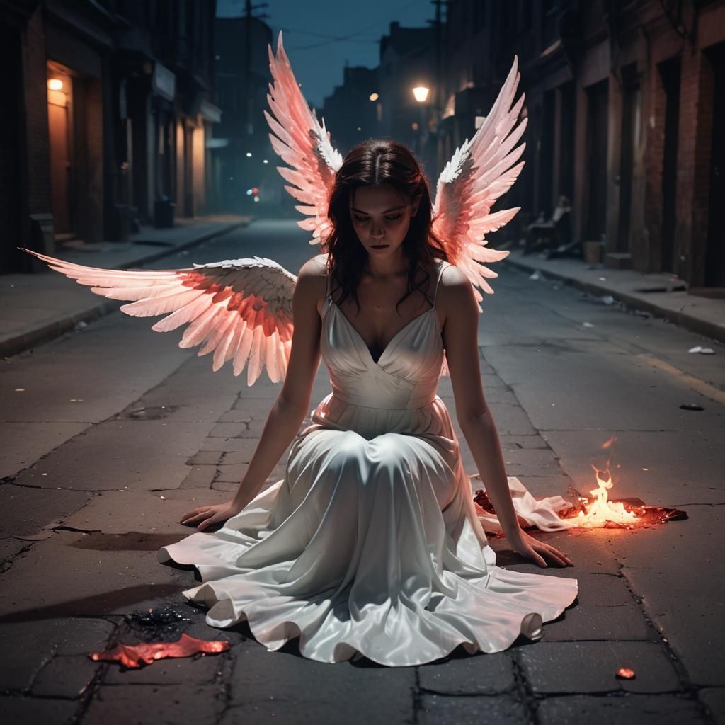 Fallen Angel Witch on Dark Street in Synthwave Style