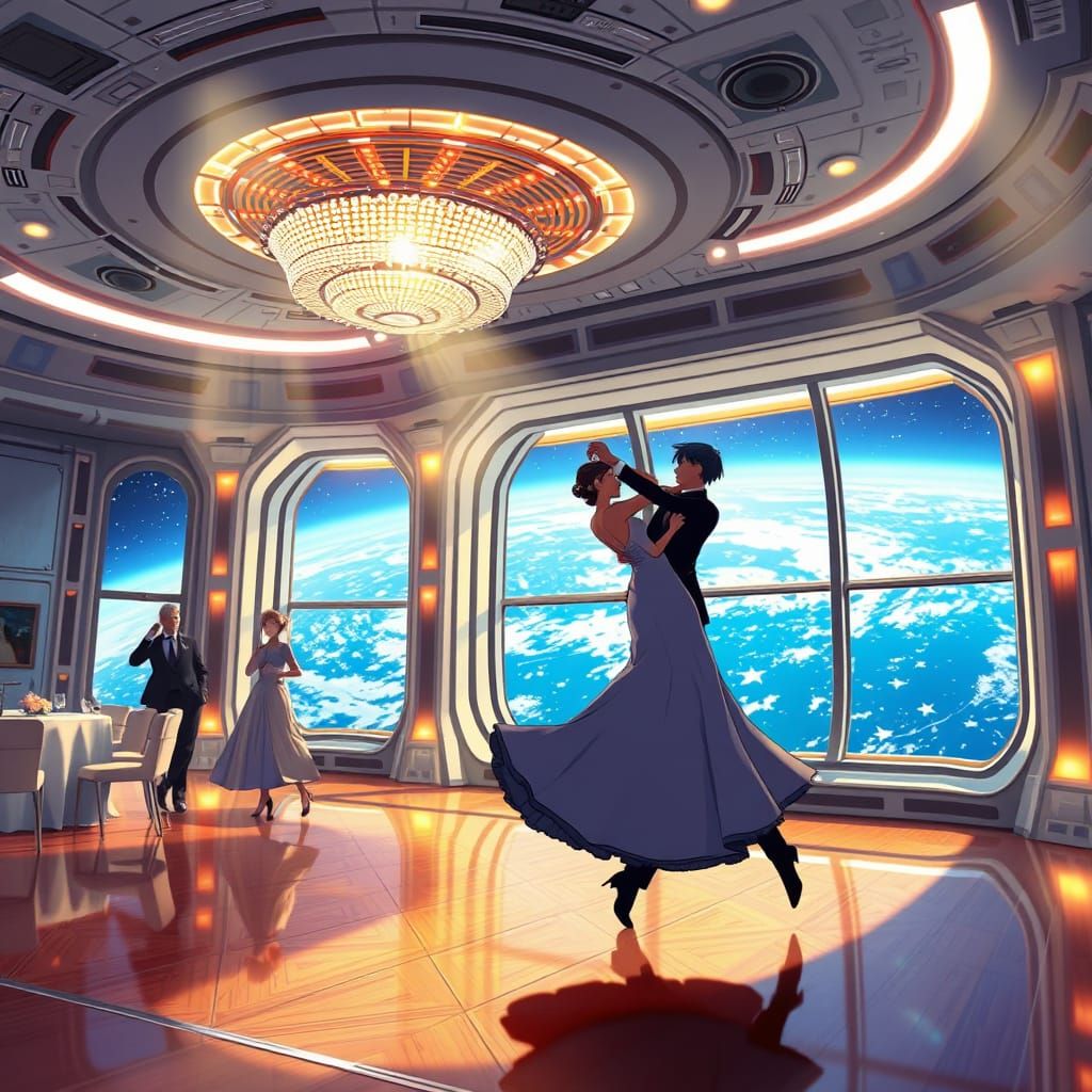 Weightless Ballroom Dance in Space Station, Anime Style