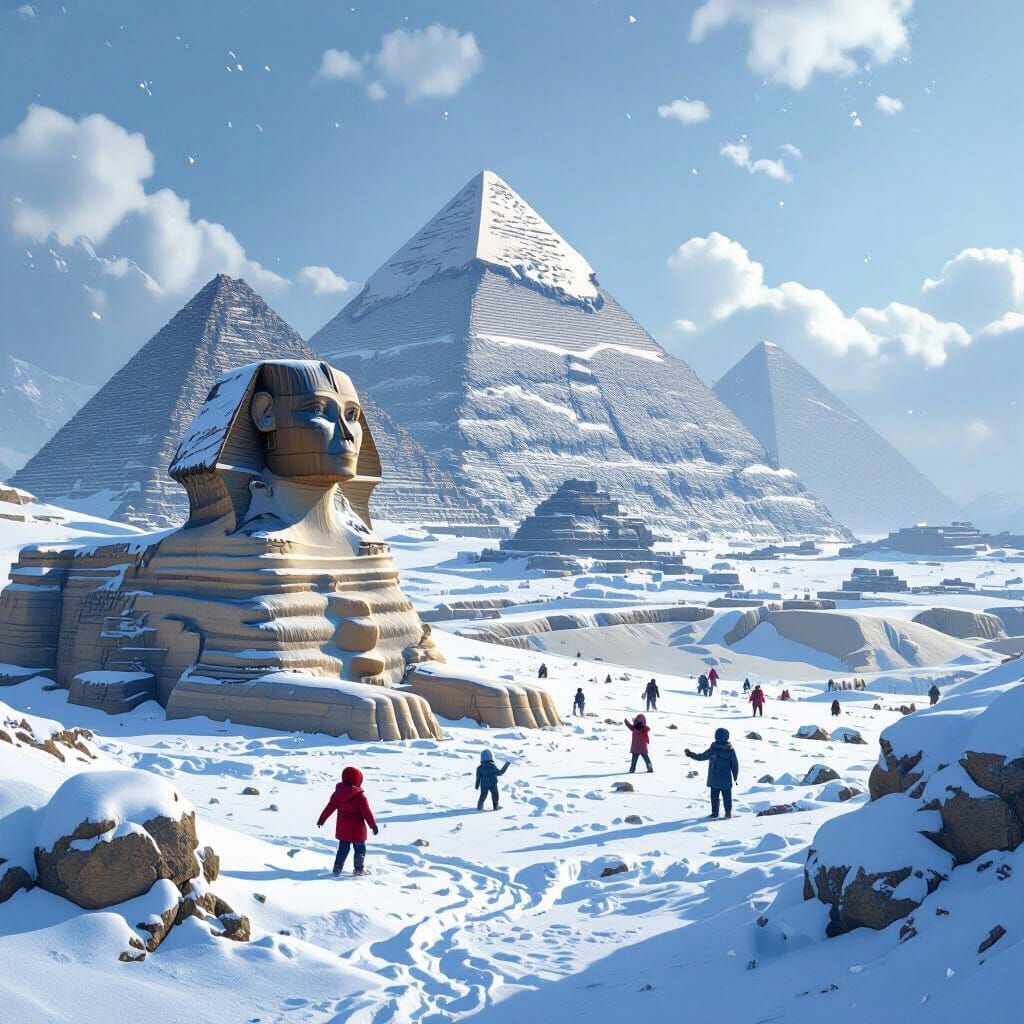 Giza Pyramids in Snow with Children Playing