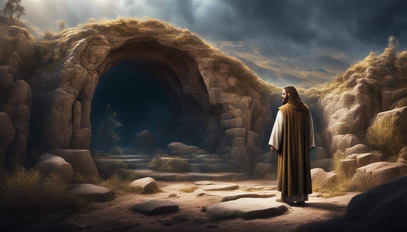 Jesus Christ Smiling Before Empty Tomb: Fantasy Art