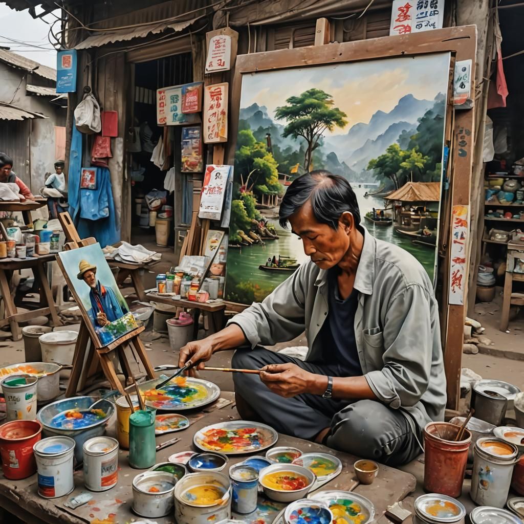 Man Painting and Selling a Picture