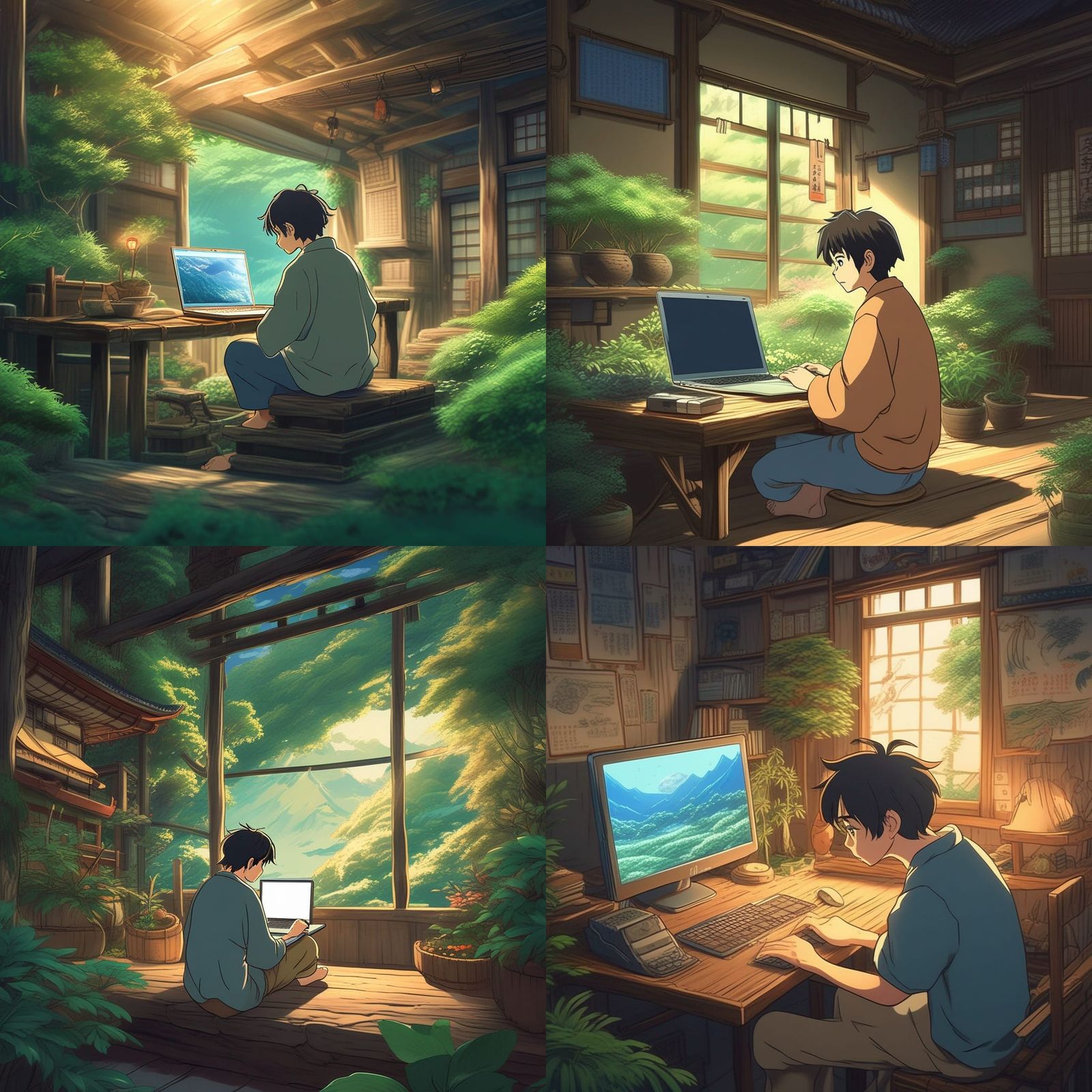 Anime Man with Laptop in Ghibli Style