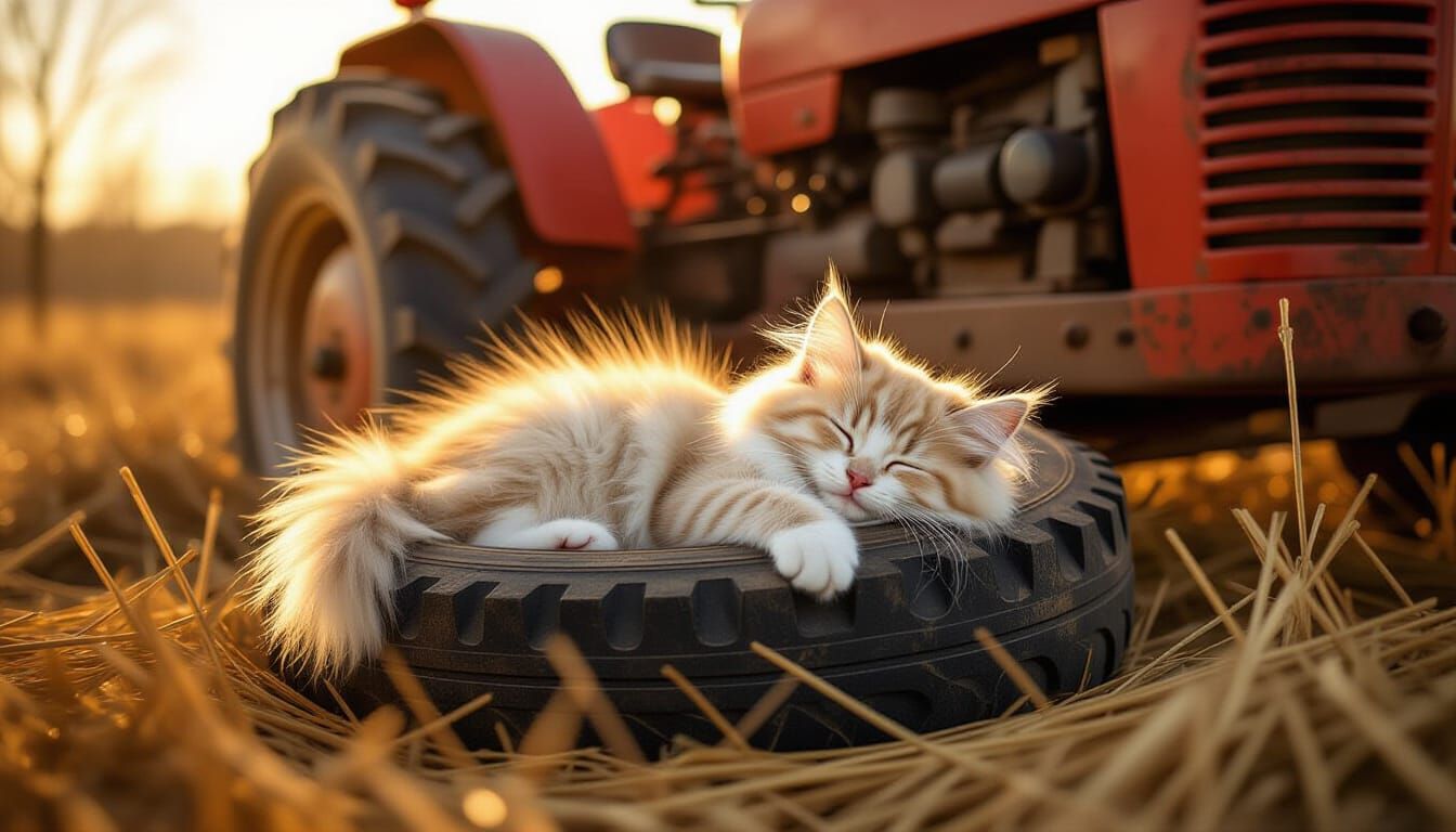Fluffy Kitten Sleeps in Tractor Wheel